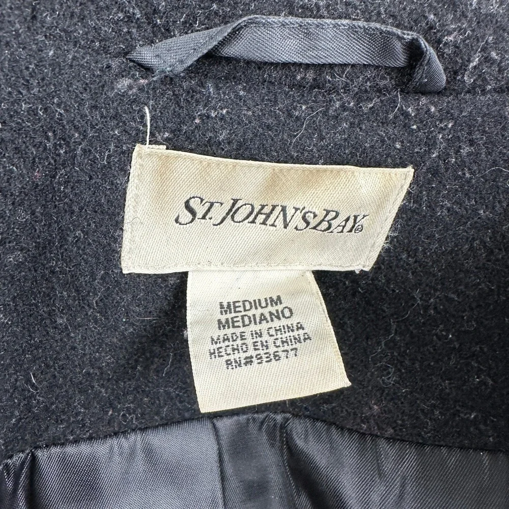St Johns Bay Pea Coat Womens Medium Black Wool Cashmere Blend Hooded Jacket